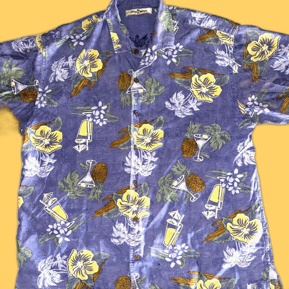 Tommy Bahama Shirt Men's XL Blue Silk Short Sleeve Button Front Floral Cocktails